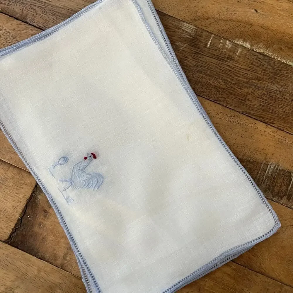 Madeira Linen Cocktail Napkins Set of 16 Hand-Embroidered Blue Rooster Drink